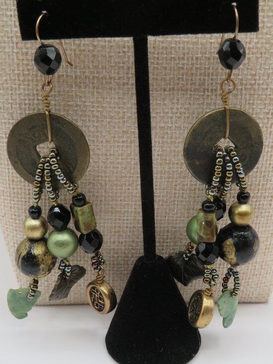 Jewelry - Boho Asian Chandelier Style Green Black Gold Beaded Earrings